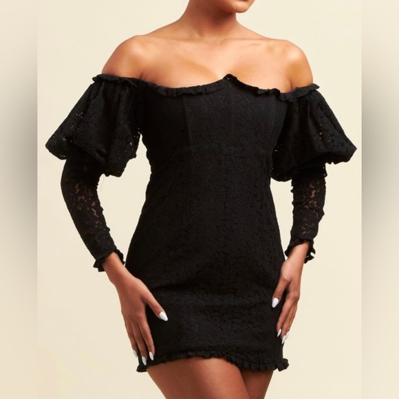 Black Lace Polka Dot Puff Sleeve Mini Dress - Picture 1 of 2
